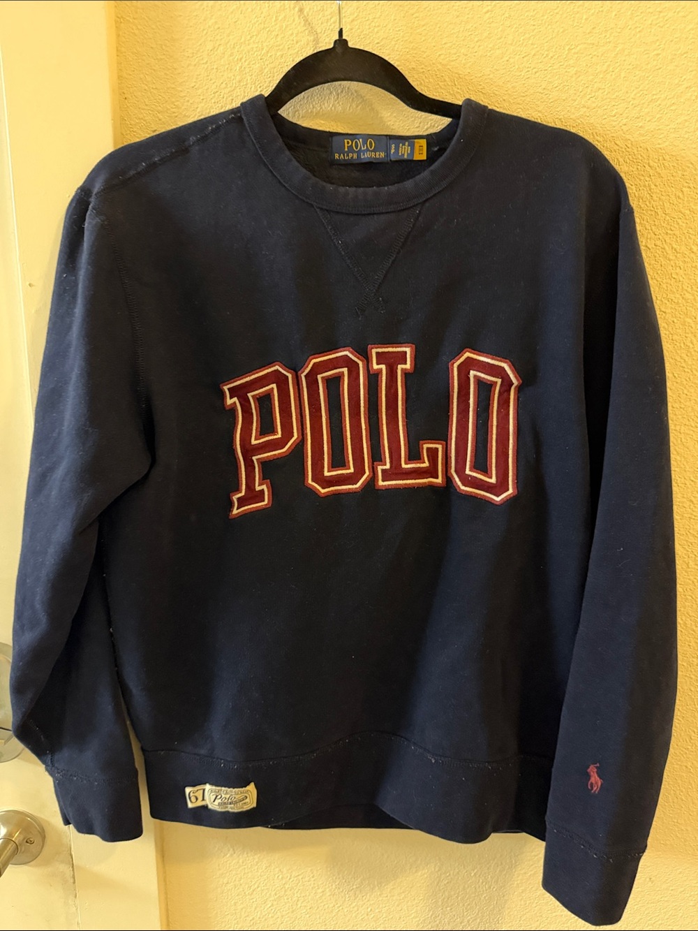 Polo Ralph Lauren Men’s S Navy Varsity POLO Logo Crewneck Sweatshirt 67 Patch